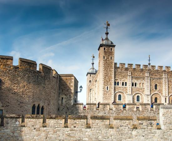 The White Tower and outer walls of the Tower of London.